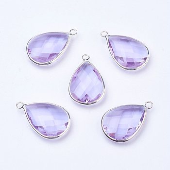 Silver Color Plated Brass Glass Drop Pendants, Faceted, Azure, 18x10x5mm, Hole: 2mm