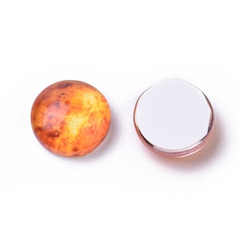 Glass Cabochons, Half Round/Dome, Planet Print Pattern, Dark Orange, 10x4mm