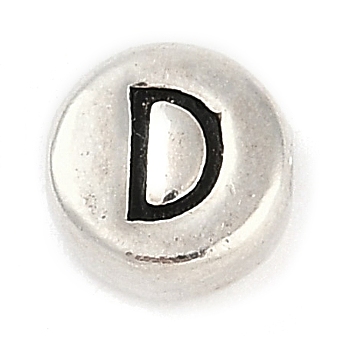 925 Sterling Silver Flat Round with Letter Beads, with 925 Stamp, Antique Silver, Letter D, 6.5x3mm, Hole: 1.2mm