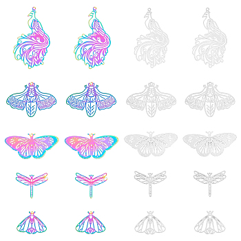 40Pcs 10 Style Ion Plating(IP) 201 Stainless Steel Filigree Big Pendants, Etched Metal Embellishments, Dragonfly & Moth & Bee, Mixed Color, 21.5~56x27~44x0.2~0.3mm, Hole: 1.2~1.8mm, 4pcs/style