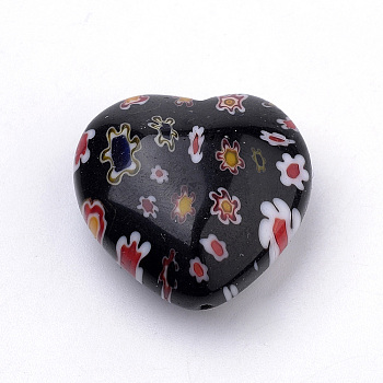 Handmade Millefiori Lampwork Beads, Heart, Black, 21~22x21~22x10.5~11mm, Hole: 1mm