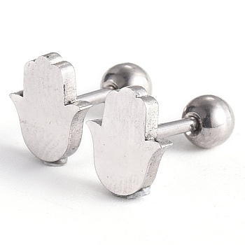 201 Stainless Steel Barbell Cartilage Earrings, Screw Back Earrings, with 304 Stainless Steel Pins, Hamsa Hand/Hand of Miriam, Stainless Steel Color, 7x8x2mm, Pin: 1mm