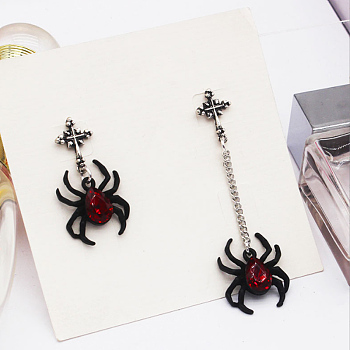 Punk Rock Black Spider Alloy Stud Earrings, with Red Glass Asymmetric Tassel Jewelry, Left and Right, Platinum