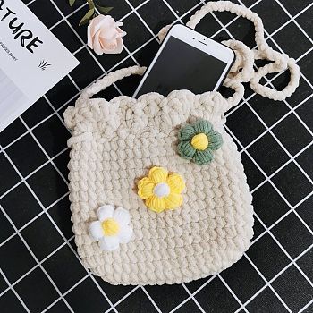 DIY Flower Pattern Handbag Knitting Beginner Kits, including Polyester Chunky Yarn, Fiberfill, Crochet Needle, Instruction, White, 170x150mm