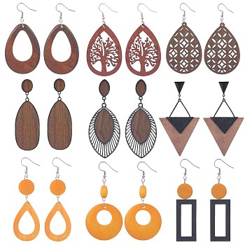 9 Pair 9 Style Teardrop & Rectangle & Triangle Natural Wood Dangle Earrings Set, 316 Stainless Steel Jewelry for Women, Mixed Color, 72~96mm, Pin: 0.6mm, 1 Pair/style