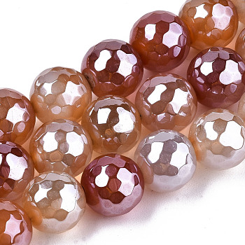 Electroplate Natural Agate Beads Strands, Dyed, Faceted, Pearl Luster Plated, Round, Dark Salmon, 10.5mm, Hole: 1.2mm, about 36~37pcs/strand, 14.37 inch~14.57 inch(36.5cm~37cm)