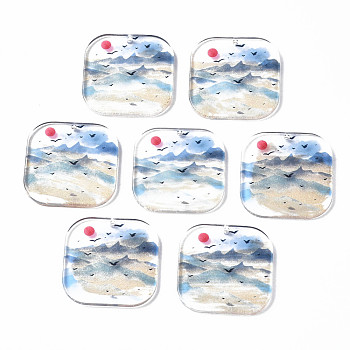 Transparent Printed Acrylic Pendants, Square with Mountain, Colorful, 30x30x2.5mm, Hole: 1.2mm