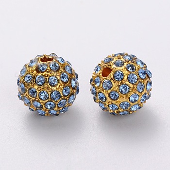 Alloy Rhinestone Beads, Grade A, Round, Golden Metal Color, Light Sapphire, 12mm