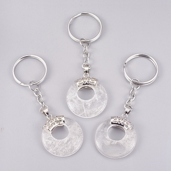 Natural Quartz Crystal Keychain, with Platinum Plated Iron Key Rings and Brass Findings, Flat Round, 84mm