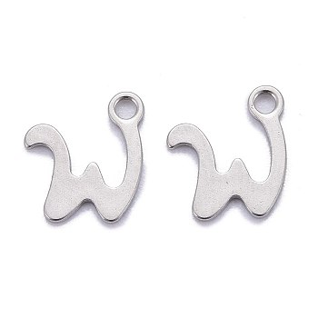 304 Stainless Steel Pendants, Alphabet, Stainless Steel Color, Letter.W, 10x9x1mm, Hole: 1.5mm
