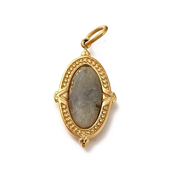 Natural Labradorite Pendants, Ion Plating(IP) 304 Stainless Steel Oval Charms with Jump Rings, Real 14K Gold Plated, 25x14x5mm, Hole: 5x3mm