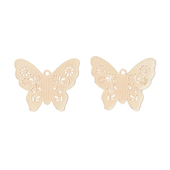 Brass Pendants, Long-Lasting Plated, Rack Plating, Cadmium Free & Lead Free, Butterfly, Textured, Filigree, Real 14K Gold Plated, 14x17x0.3mm, Hole: 1mm