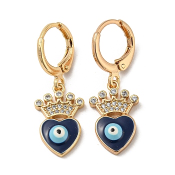 Real 18K Gold Plated Brass Dangle Leverback Earrings, with Enamel and Cubic Zirconia, Heart with Evil Eye, Medium Blue, 30x11mm