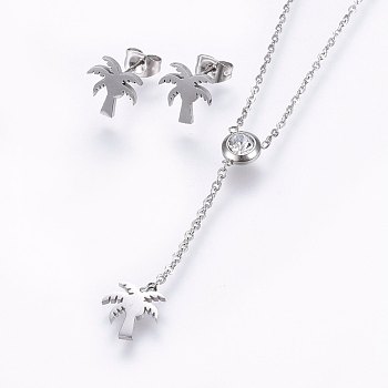 304 Stainless Steel Jewelry Sets, Stud Earrings and Pendant Necklaces, with Rhinestone, Coconut Tree, Stainless Steel Color, 16.54 inch(42cm), 10x10x1mm, Pin: 0.8mm