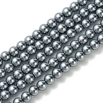 Grade A Glass Pearl Beads, Pearlized, Round, Steel Blue, 4mm, Hole: 0.7~1.1mm, about 100pcs/Strand, 16''(40.64cm)