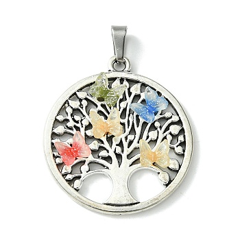 Antique Silver Tone Alloy Pendants, Tree of Life Charms with Resin Butterfly Cabochons and 304 Stainless Steel Snap on Bails, Colorful, 38x34x5.5mm, Hole: 8x3.5mm