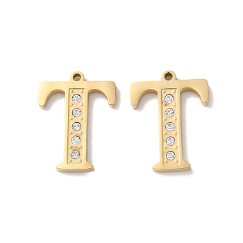 Real 14K Gold Plated 304 Stainless Steel Pendants, with Rhinestone, Letter T, 18x13.5x2mm, Hole: 1.2mm