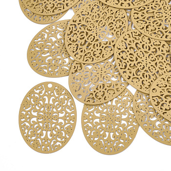 430 Stainless Steel Filigree Pendants, Spray Painted, Etched Metal Embellishments, Oval, Goldenrod, 31x23.5x0.3mm, Hole: 1.8mm