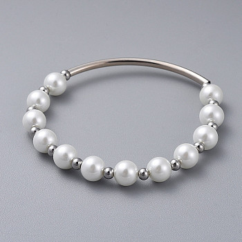 Glass Pearl Beads Stretch Bracelets, with 304 Stainless Steel Smooth Round Spacer Beads and Curved Brass Tube Beads, White, 2-1/8 inch(5.5cm)