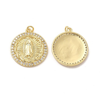 Brass Micro Pave Cubic Zirconia Pendants, with Jump Ring, Flat Round with Religion Virgin Mary Charm, Golden, 28x25x4mm, Hole: 3.3mm