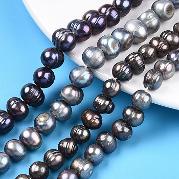 Natural Cultured Freshwater Pearl Beads Strands, Dyed, Round, Camel, 7.5~10x6~12mm, Hole: 0.6mm, about 43~48pcs/strand, 14.57~15.35 inch(37~39cm)