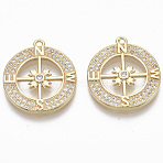 Brass Micro Pave Cubic Zirconia Pendants, Nickel Free, Flat Round with Four Cardinal Directions, Clear, Real 18K Gold Plated, 21.5x19x2.5mm, Hole: 1.2mm(KK-R130-016G-NF)