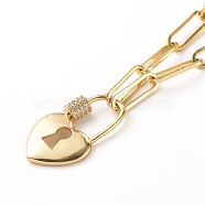 Brass Micro Pave Clear Cubic Zirconia Heart Padlock Pendant Necklaces, with Paperclip Chains, Real 18K Gold Plated, 16.14 inch(41cm)(NJEW-JN03419)