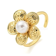 Flower ABS Plastic Imitation Pearl Beaded Open Cuff Ring, Brass Jewelry for Women, Real 18K Gold Plated, Adjustable(RJEW-P106-01G)