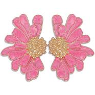 Vintage Flower Stud Earrings for Women, Alloy Enamel Half Flower Stud Earrings, Summer Earrings Boho Beach Floral Stud Earrings, Jewelry Gifts for Women, Pink, 50.5~51x33.5~34mm, Pin: 0.6mm(JE1095D)