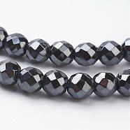 Magnetic Synthetic Hematite Beads Strands, 48 Faceted, Round, Black, about 6mm in diameter, hole:1mm, 69pcs/strand, 16 inch(HEMA-6D-1)