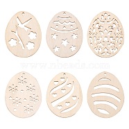 30Pcs 6 Style Undyed Natural Wooden Big Pendants, for Easter, Laser Cut, Easter Egg, Antique White, 67.5x52x2.5mm, Hole: 2mm, 5pcs/style(WOOD-LS0001-16)