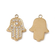 Vacuum Plating 201 Stainless Steel Rhinestone Pendants, Real 18K Gold Plated, Hamsa Hand/Hand of Miriam Charms, Crystal, 17.5x12x2.5mm, Hole: 1.4mm(STAS-J401-VC570)