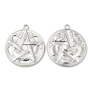304 Stainless Steel Pendants, Flat Round with Moon & Star Charm, Stainless Steel Color, 30x26.5x2.5mm, Hole: 3mm(STAS-Z041-41P)