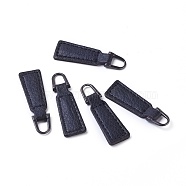 PU Leather Zipper Puller, Garment Accessories, with Alloy Findings, Trapezoid, Gunmetal, Black, 40x12x3.5mm, Hole: 5x7mm(FIND-WH0044-01A)