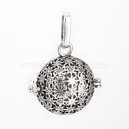 Brass Cage Pendants, For Chime Ball Pendant Necklaces Making, Hollow Round with Flower, Antique Silver, 23x23x18mm, Hole: 4x8mm, inner size: 16mm(KK-R036-21AS)