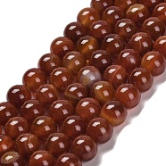 Natural Striped Agate/Banded Agate Beads Strands, Round, Dyed & Heated, FireBrick, 10~10.5mm, Hole: 1.2mm, about 38pcs/strand, 15.28''(38.8cm)(G-B079-A05-03A)