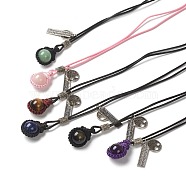 Adjustable Natural Gemstone Pendant Necklaces, with Nylon Thread, Alloy Charms & Beads, Flat Round with Tree of Life, 29.9 inch(76cm)(G-P445-A)