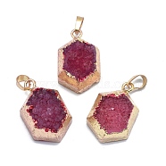 Natural Druzy Agate Pendants, Edge Golden Plated, with Golden Tone Brass Finding, Hexagon, Dyed & Heated, Medium Violet Red, 29~29.5x18~18.5x10.5~11.5mm, Hole: 5x8mm(G-O176Q-05E-G)