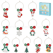 Christmas Theme Alloy Enamel Wine Glass Charms, with Brass Hoop Earring Findings and Glass Pearl Bead, Mixed Shapes, Mixed Color, 48~55mm, 12pcs/set(AJEW-SC0002-07)