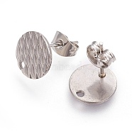 304 Stainless Steel Ear Stud Findings, Textured Flat Round with Pineapple Grain, Stainless Steel Color, 10mm, Hole: 1.2mm, Pin: 0.8mm(STAS-O119-16A-P)