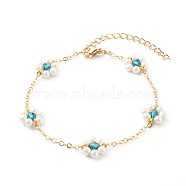 Shell Pearl & Acrylic Beads Flower Link Bracelets, with Brass Cable Chains, Golden, Teal, 2mm, 7-1/4 inch(18.4cm)(X1-BJEW-TA00003-02)