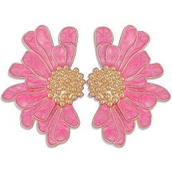 Vintage Flower Stud Earrings for Women, Alloy Enamel Half Flower Stud Earrings, Summer Earrings Boho Beach Floral Stud Earrings, Jewelry Gifts for Women, Pink, 50.5~51x33.5~34mm, Pin: 0.6mm(JE1095D)