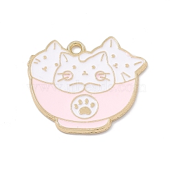 Alloy Enamel Pendant, Golden, Bowl with Cat Charm, Misty Rose, 27x30.5x1.5mm, Hole: 2.2mm(FIND-H040-01E)