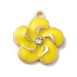 Flower Alloy Enamel Pendants, with Rhinestone, Light Gold, Yellow, 18x15.5x3mm, Hole: 1.5mm(ENAM-A007-03KCG-05)