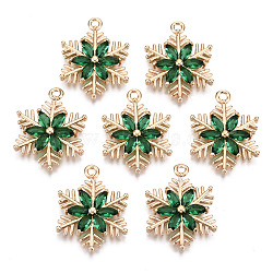 Christmas Brass Glass Pendants, Long-Lasting Plated, Snowflake, Light Gold, Sea Green, 21x16x3mm, Hole: 1.6mm(X-KK-R111-009-A01)