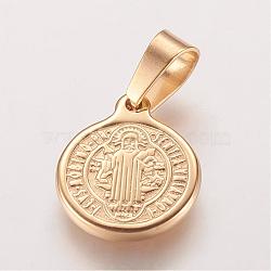 Ion Plating(IP) 304 Stainless Steel Pendants, Flat Round with Saint Benedict Medal, Golden, 16x13x2mm, Hole: 4x6mm(STAS-E117-02G)