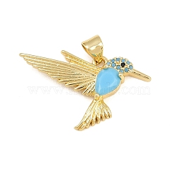 Brass Micro Pave Sky Blue Cubic Zirconia Pendants, Hummingbird Charms, Golden, 19x29x4mm, Hole: 4x3mm(CU-CBA4A93-01E-G)