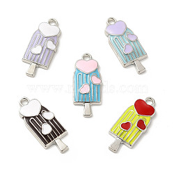 Summer Theme Alloy Enamel Pendants, Ice Sucker with Heart Charms, Platinum, Mixed Color, 24x10x3mm, Hole: 1.8mm(ENAM-B050-06P)