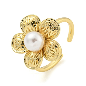 Flower ABS Plastic Imitation Pearl Beaded Open Cuff Ring, Brass Jewelry for Women, Real 18K Gold Plated, Flower: 19x19mm, Inner Diameter: Adjustable