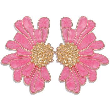 Vintage Flower Stud Earrings for Women, Alloy Enamel Half Flower Stud Earrings, Summer Earrings Boho Beach Floral Stud Earrings, Jewelry Gifts for Women, Pink, 50.5~51x33.5~34mm, Pin: 0.6mm